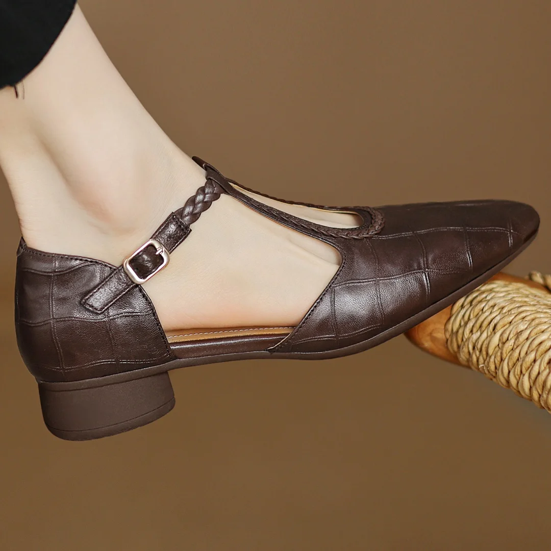 Leren dames-Mary Janes met gevlochten T-bandje