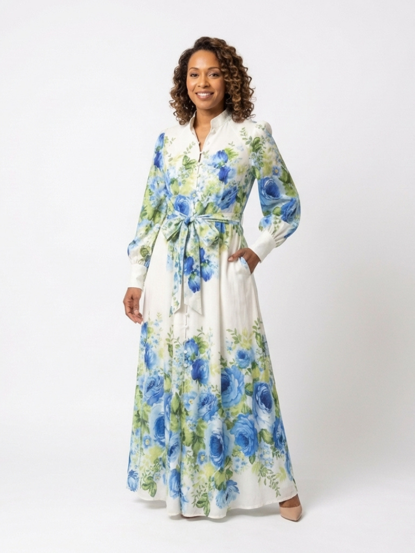 Jacqueline | Gebloemde maxi-jurk met lange mouwen en tailleband