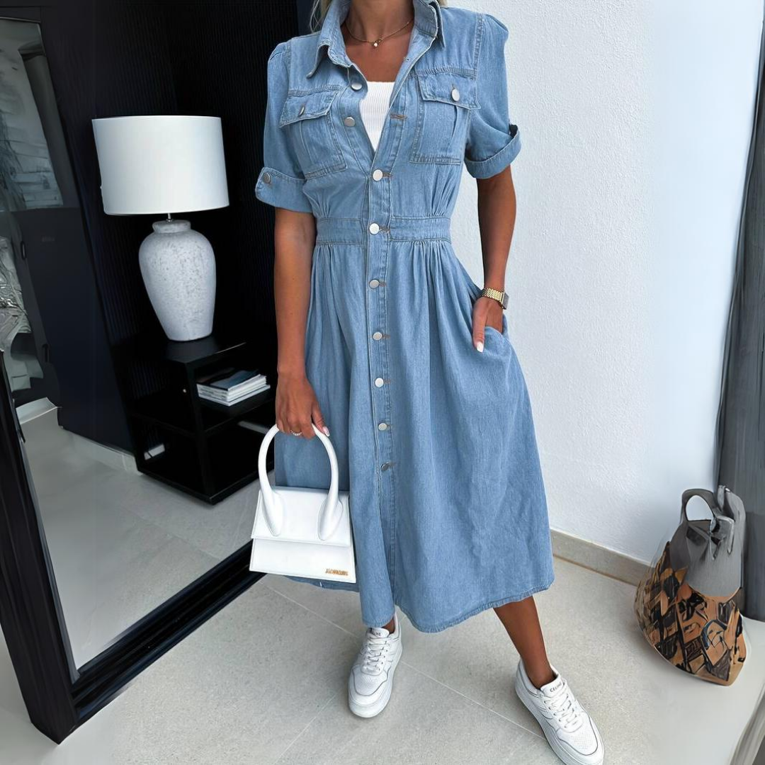 Modieuze denim jurk met korte mouwen