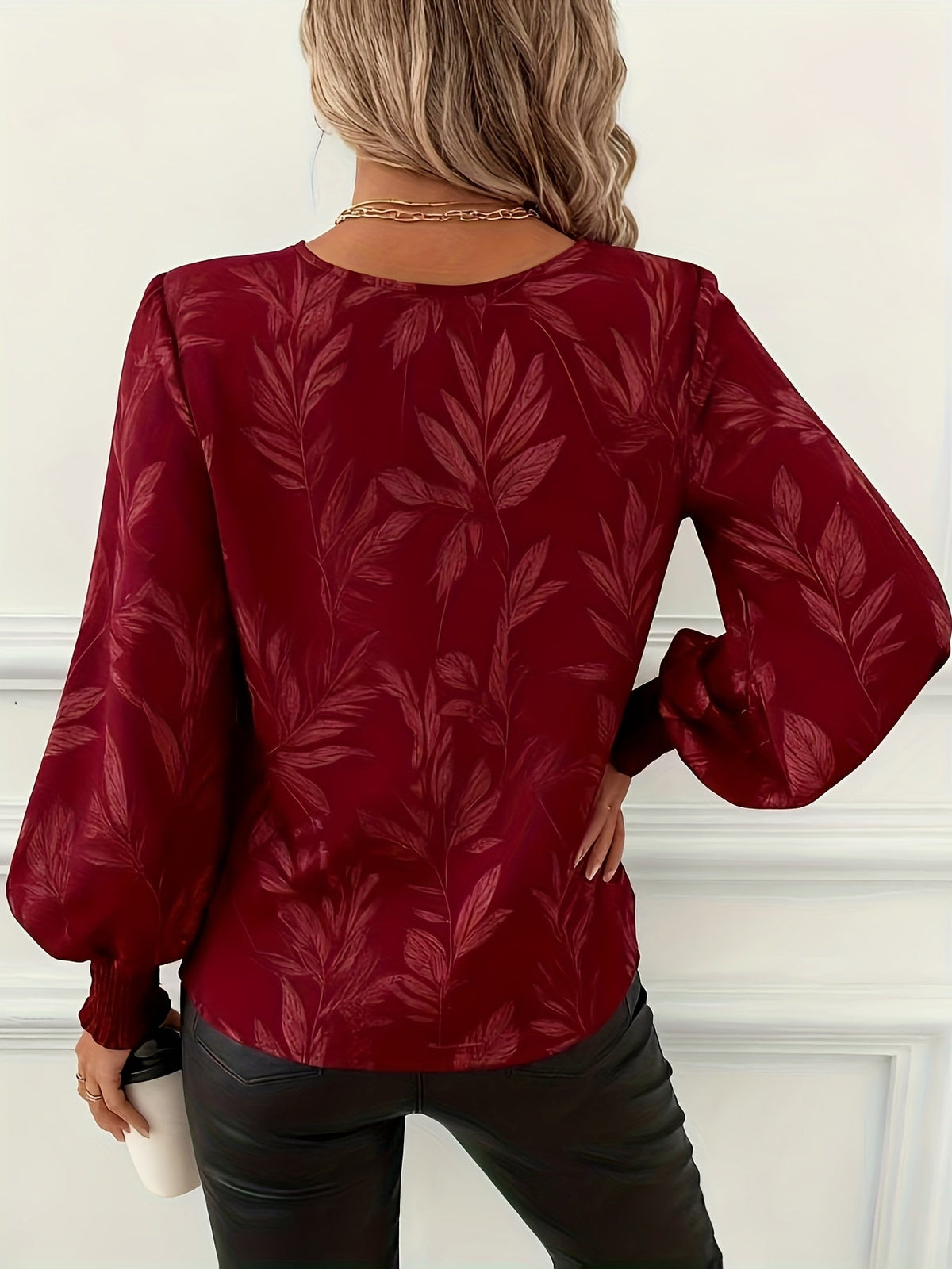Blouse met botanisch patroon, V-hals en lantaarnmouwen