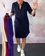 Dames midi jurk met V-hals en aanpasbare mouwen