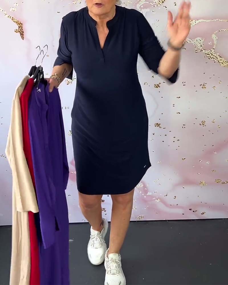 Dames midi jurk met V-hals en aanpasbare mouwen