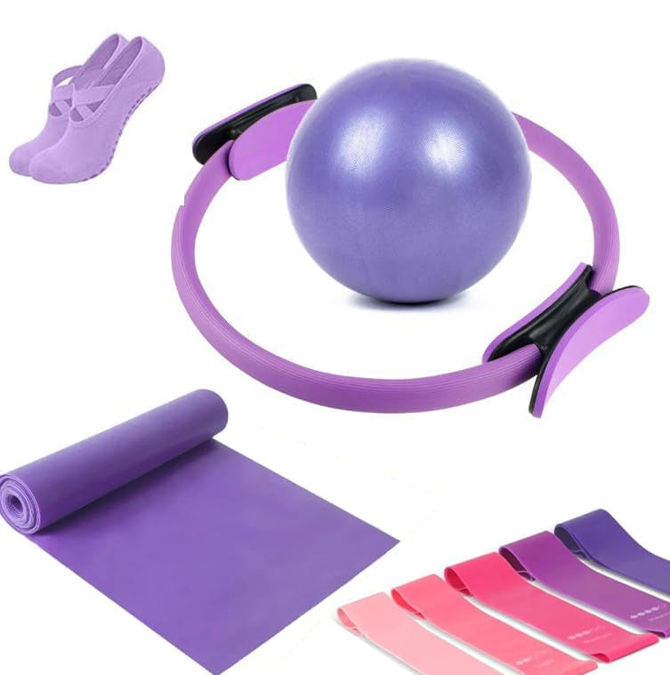 Thuis-pilatesset met ring, bal, banden en antislipsokken, 9-delige set