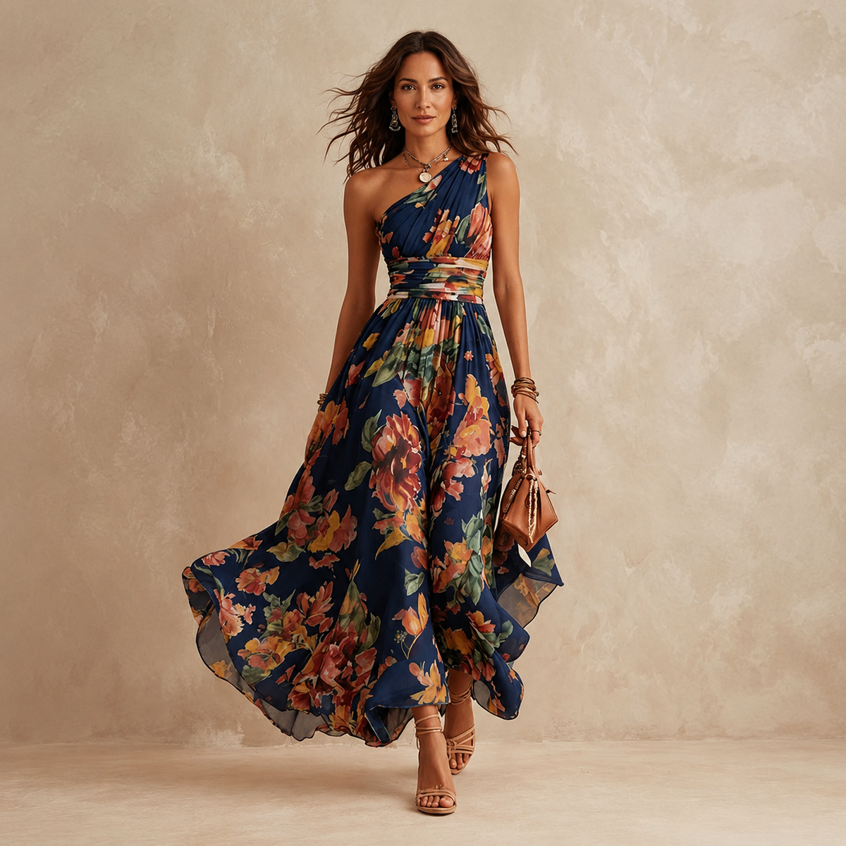 Olivia | Maxi-jurk met één blote schouder van chiffon met bloemenprint