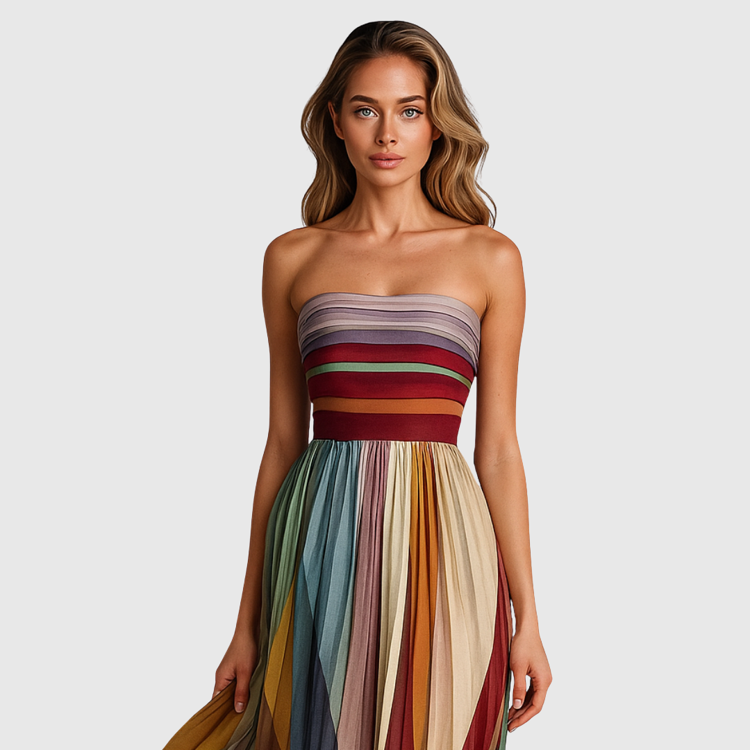 Karin | Lange strapless jurk met geplooide rok