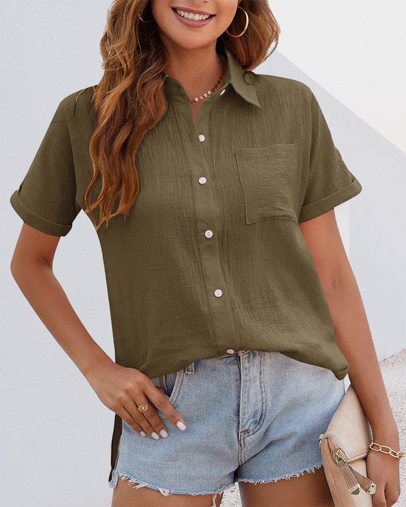 Katoenen blouse met korte mouwen en knoopsluiting