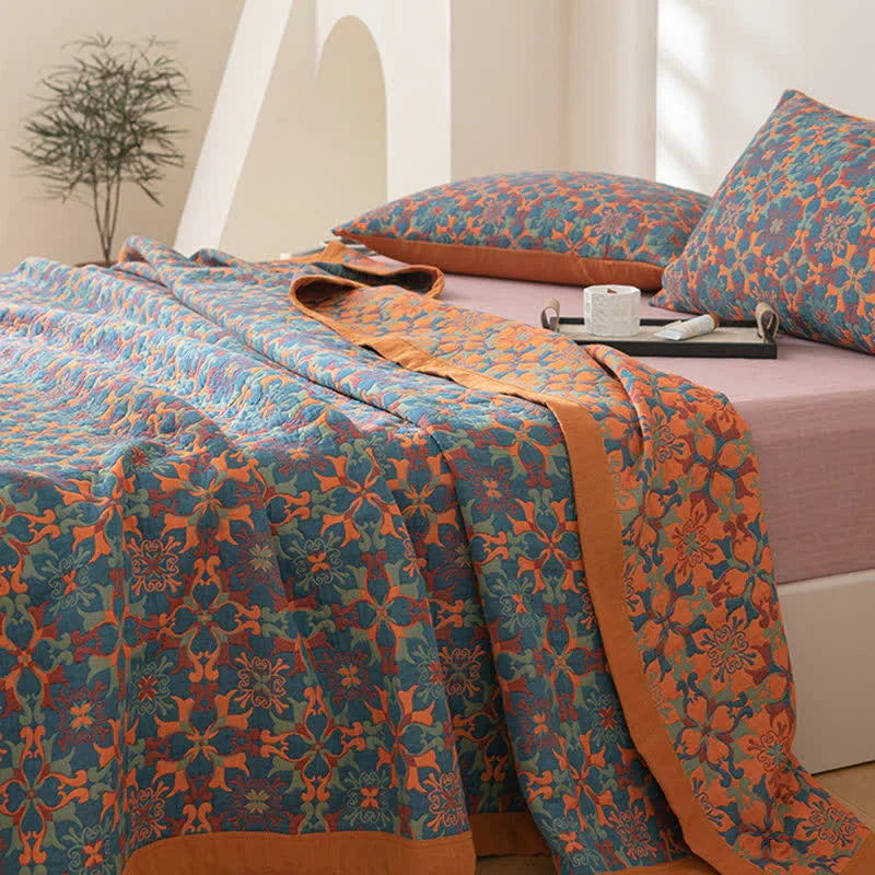 Oranje & blauw patroon zeslaags katoenen quilt