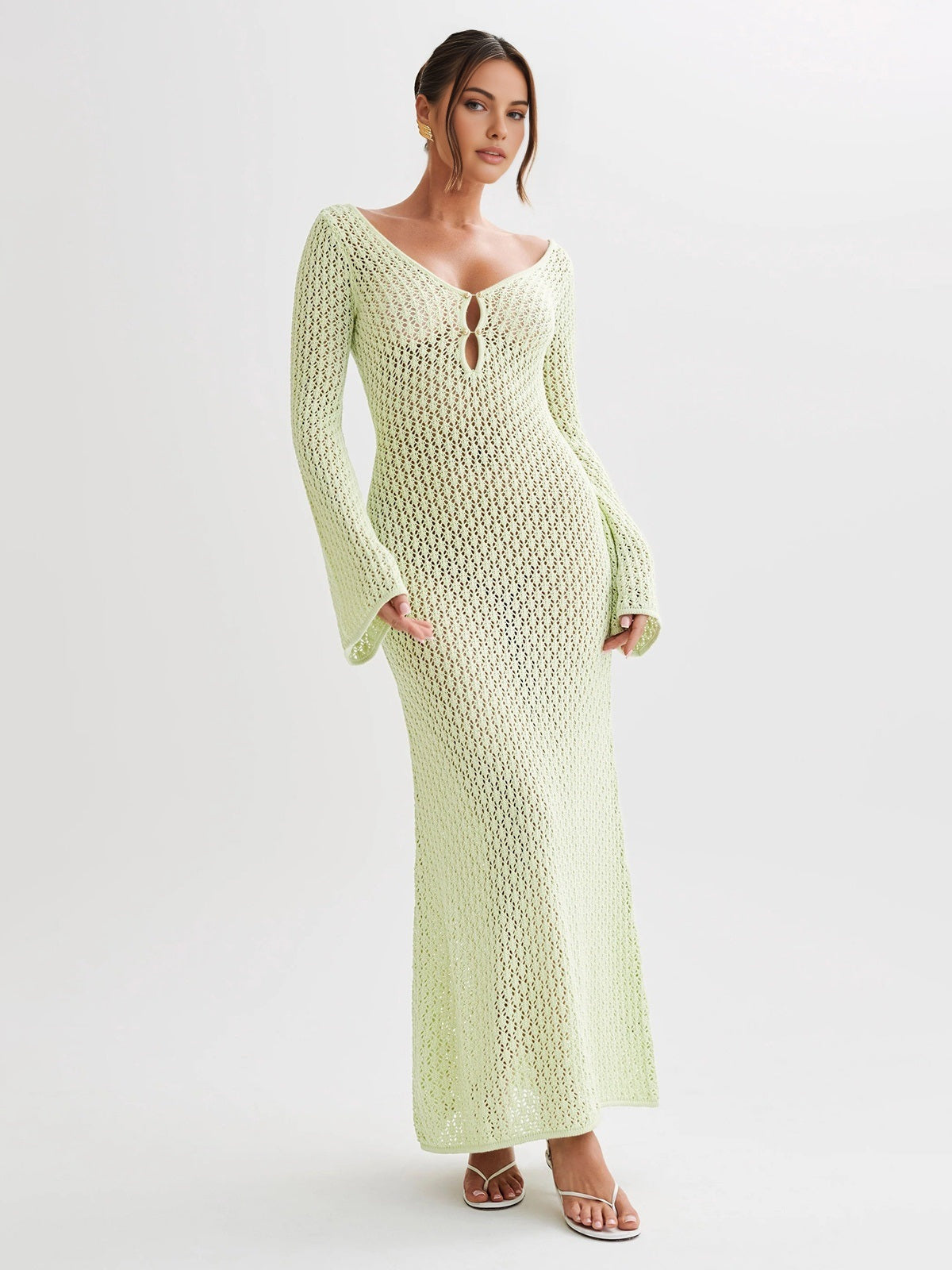Lange strandjurk met rugdecolleté en V-hals