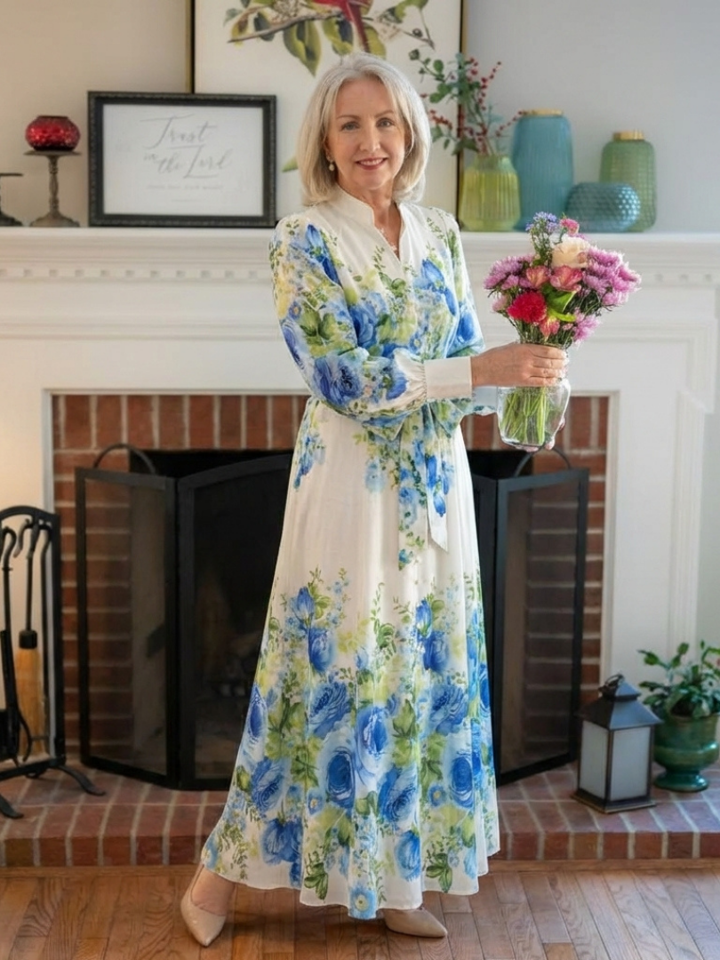 Jacqueline | Gebloemde maxi-jurk met lange mouwen en tailleband