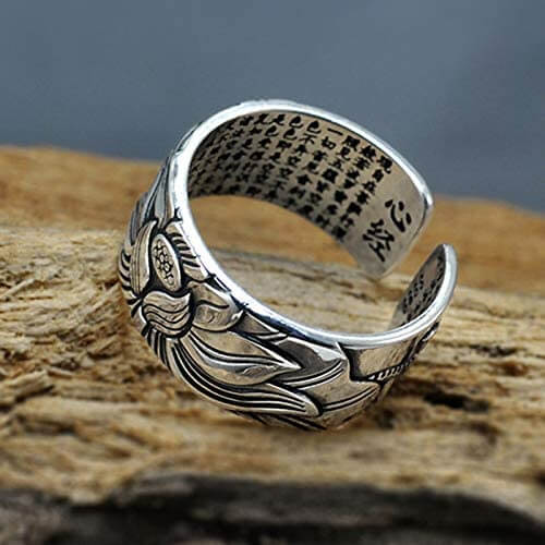 Zilveren lotusbloem boeddhistische sutra ring