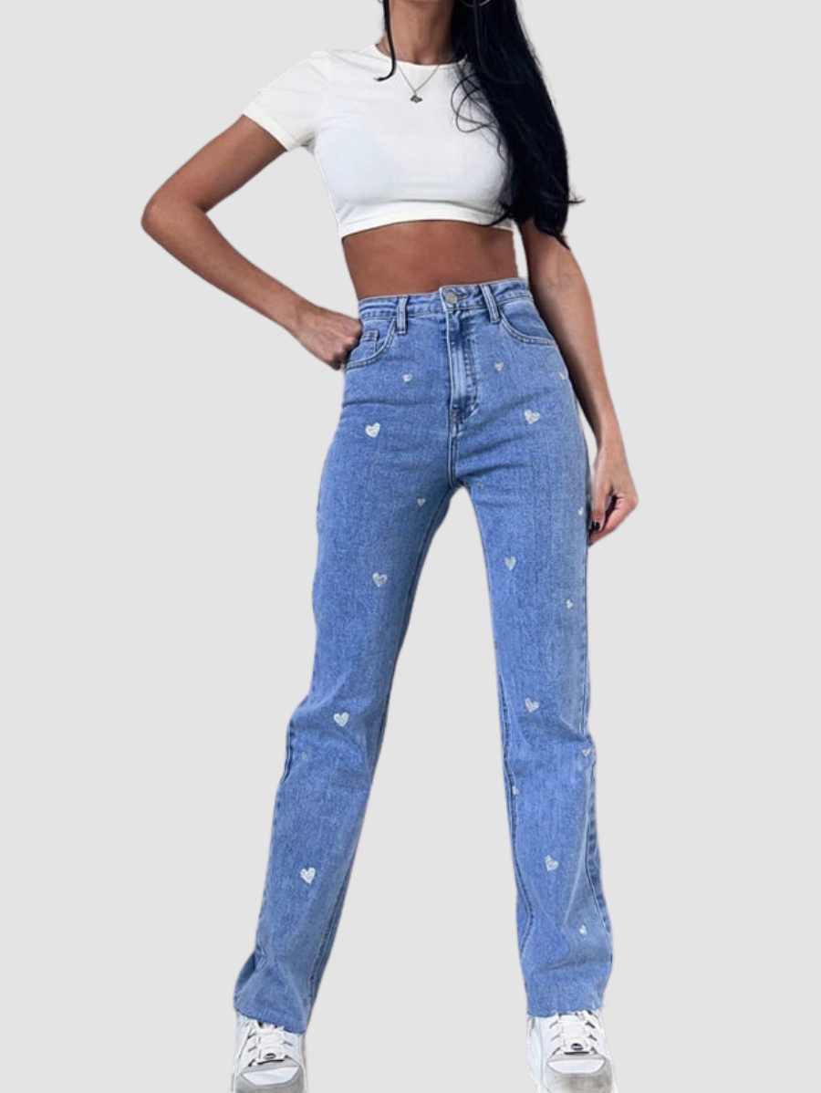 Dames stretch jeans met wijde pijpen en hartjesprint