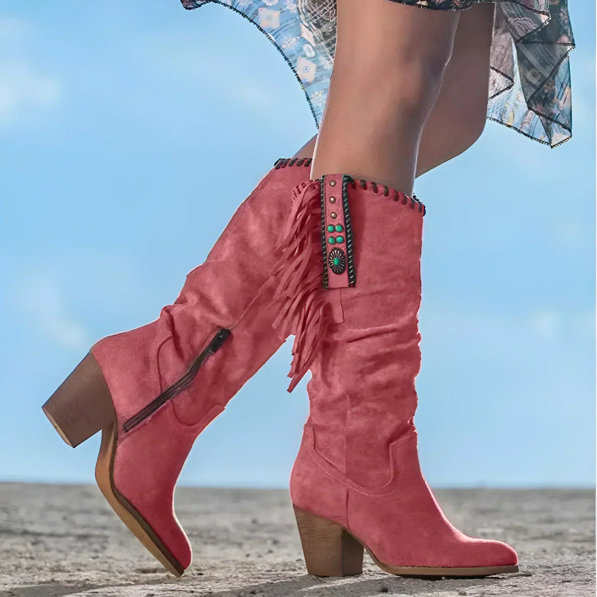 Suède damescowboylaarzen met franjes en gespen