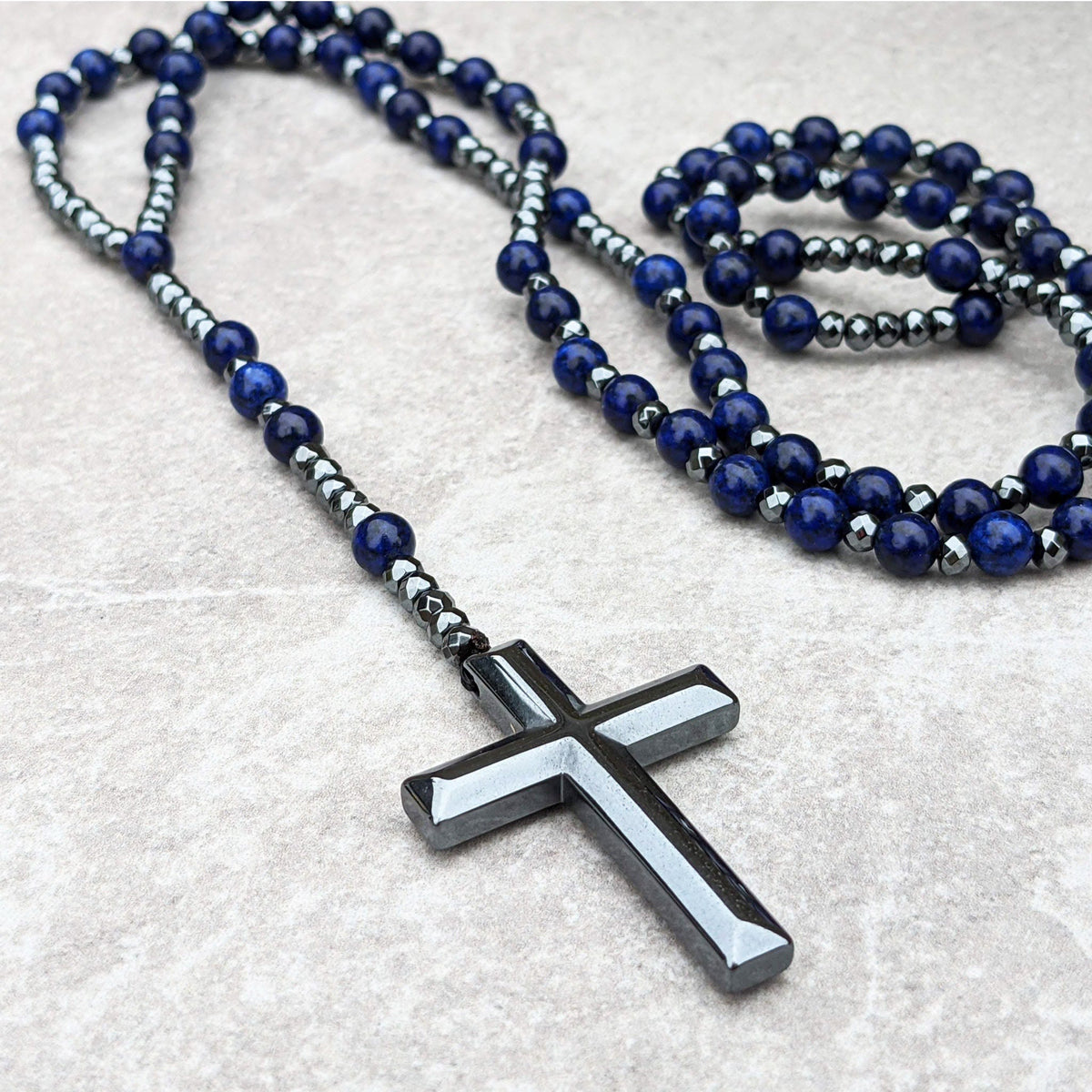 Tijgeroog en lapis lazuli kruis rozenkrans halsketting voor mannen