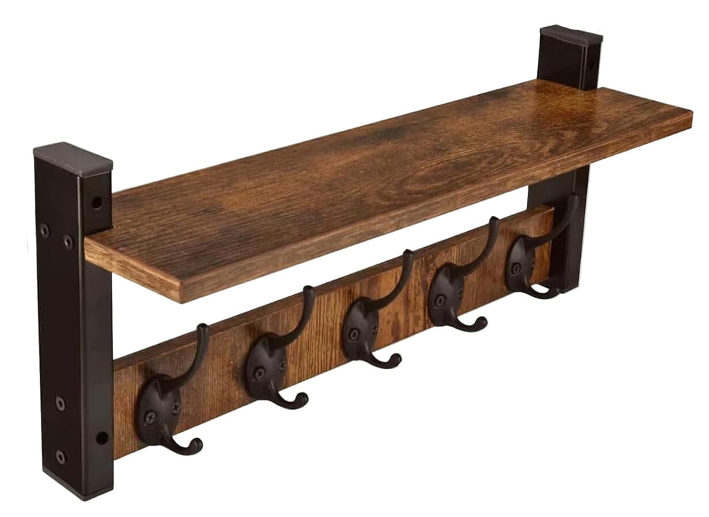 Wandgemonteerde kapstok met plank en 5 metalen haken