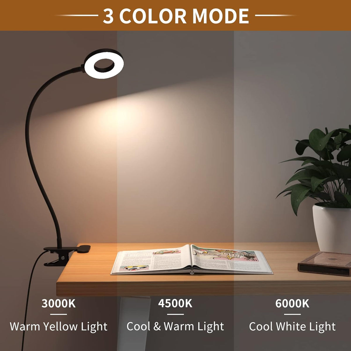 3 kleurmodi LED bureau klem lamp met flexibele gooseneck