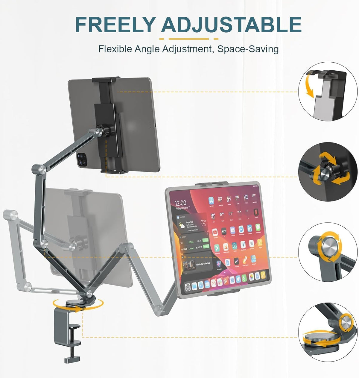 Verstelbare aluminium tablet desk stand met 360° rotatie