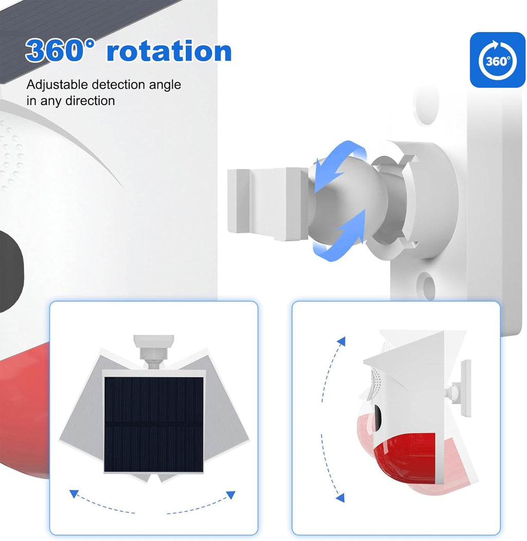 Zonne-energie bewegingssensoralarm met 120 db sirene en led-stroboscoop