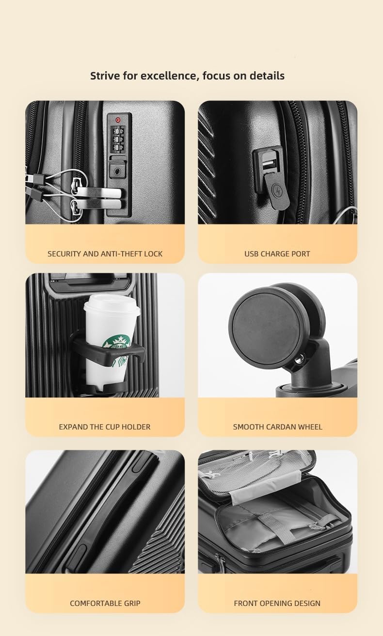 Hard shell handbagagekoffer met bekerhouder, USB-poort & TSA-slot