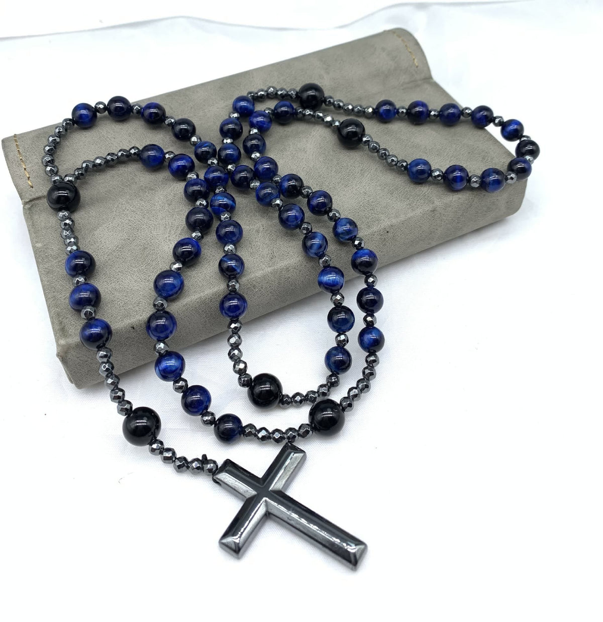 Tijgeroog en lapis lazuli kruis rozenkrans halsketting voor mannen