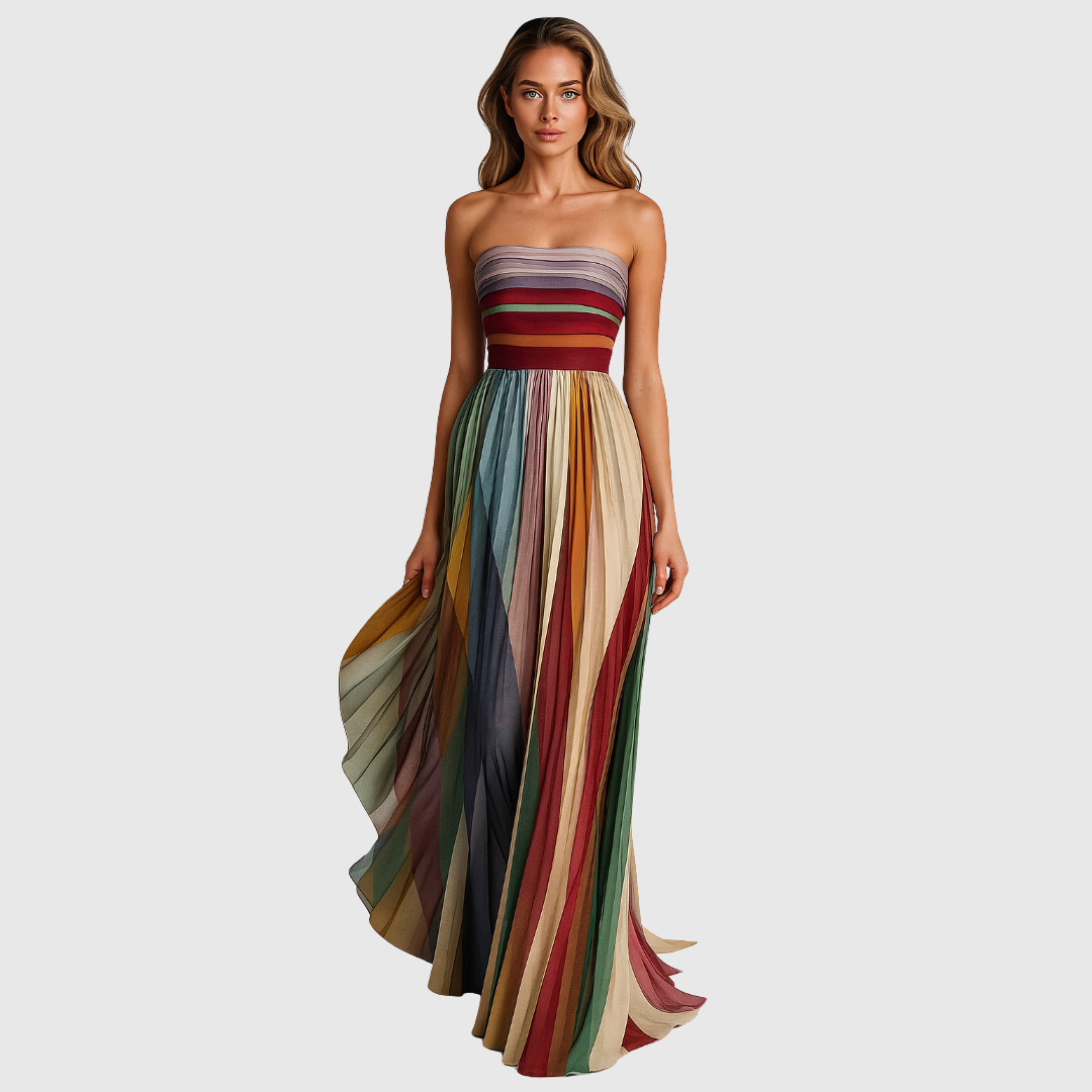 Karin | Lange strapless jurk met geplooide rok
