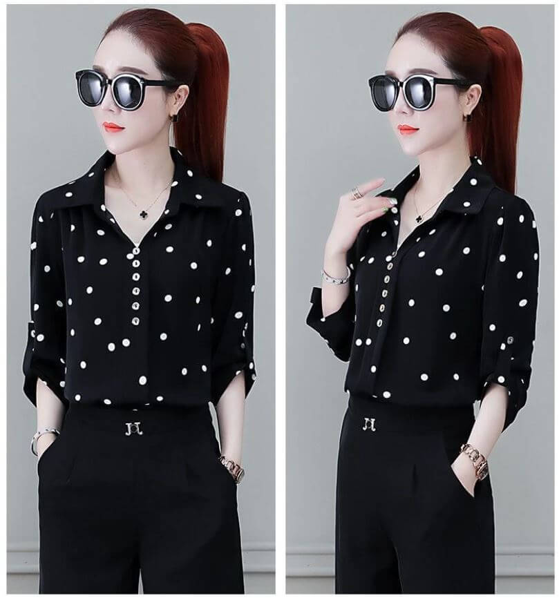 Dames chiffon blouse met knopen & omgeslagen kraag
