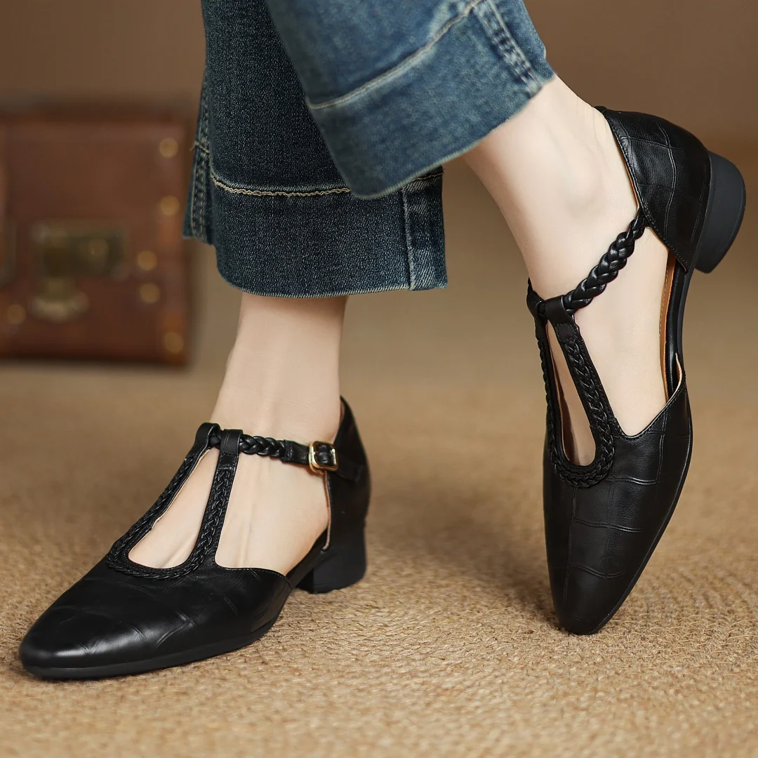 Leren dames-Mary Janes met gevlochten T-bandje