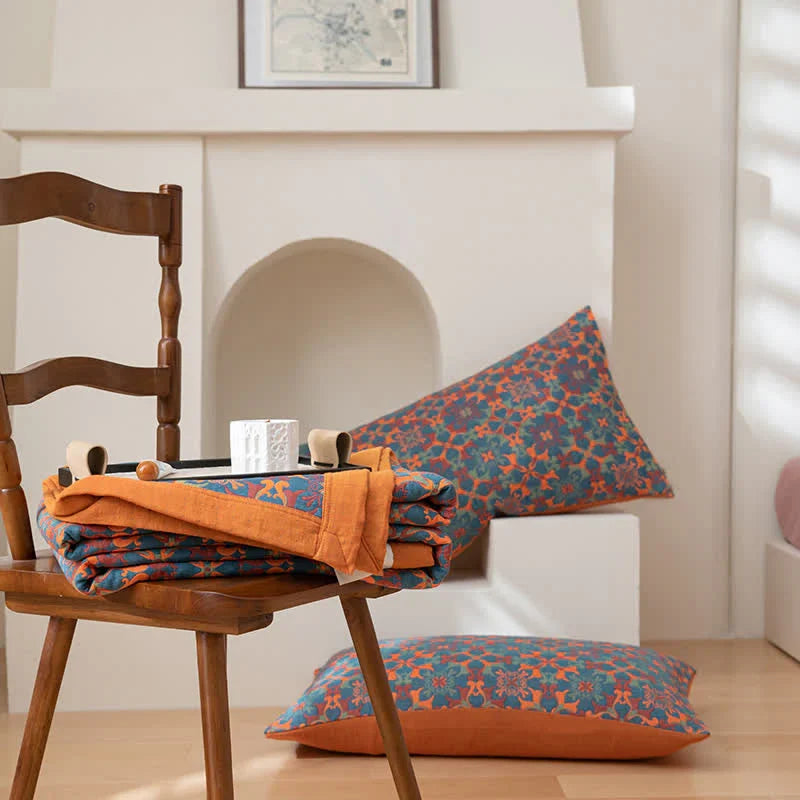 Oranje & blauw patroon zeslaags katoenen quilt