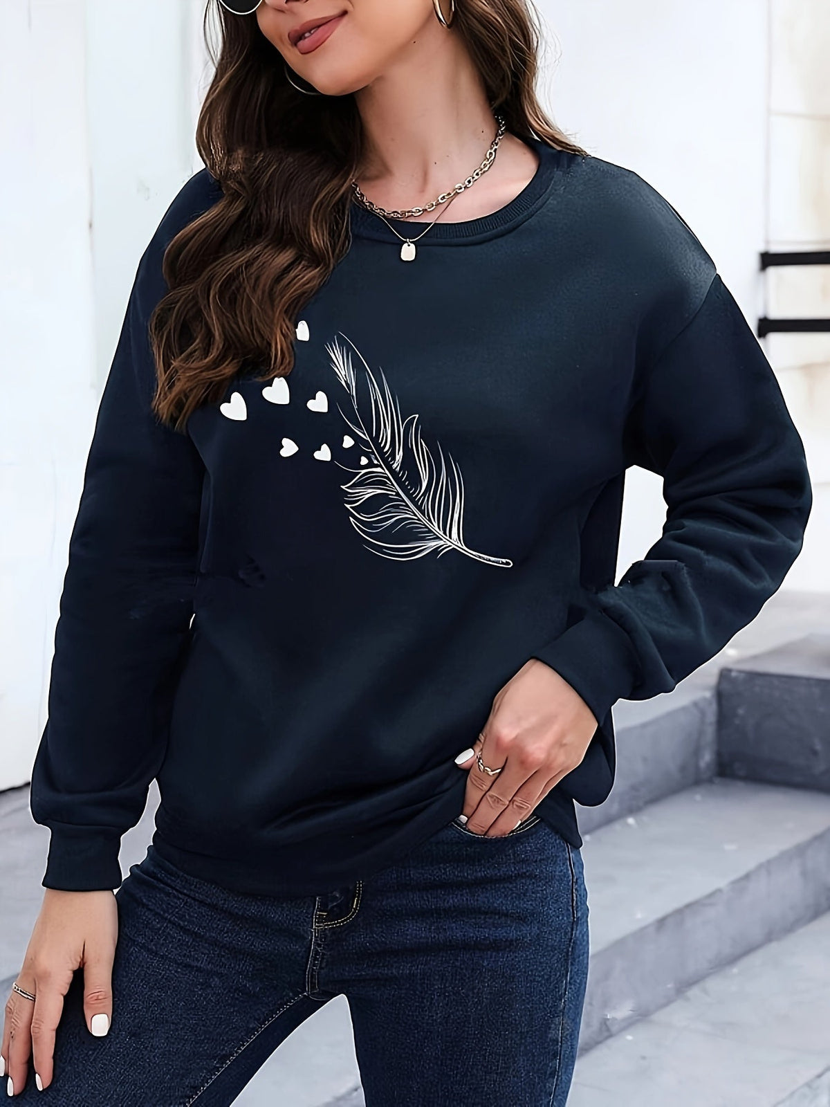 Casual sweatshirt met verenprint