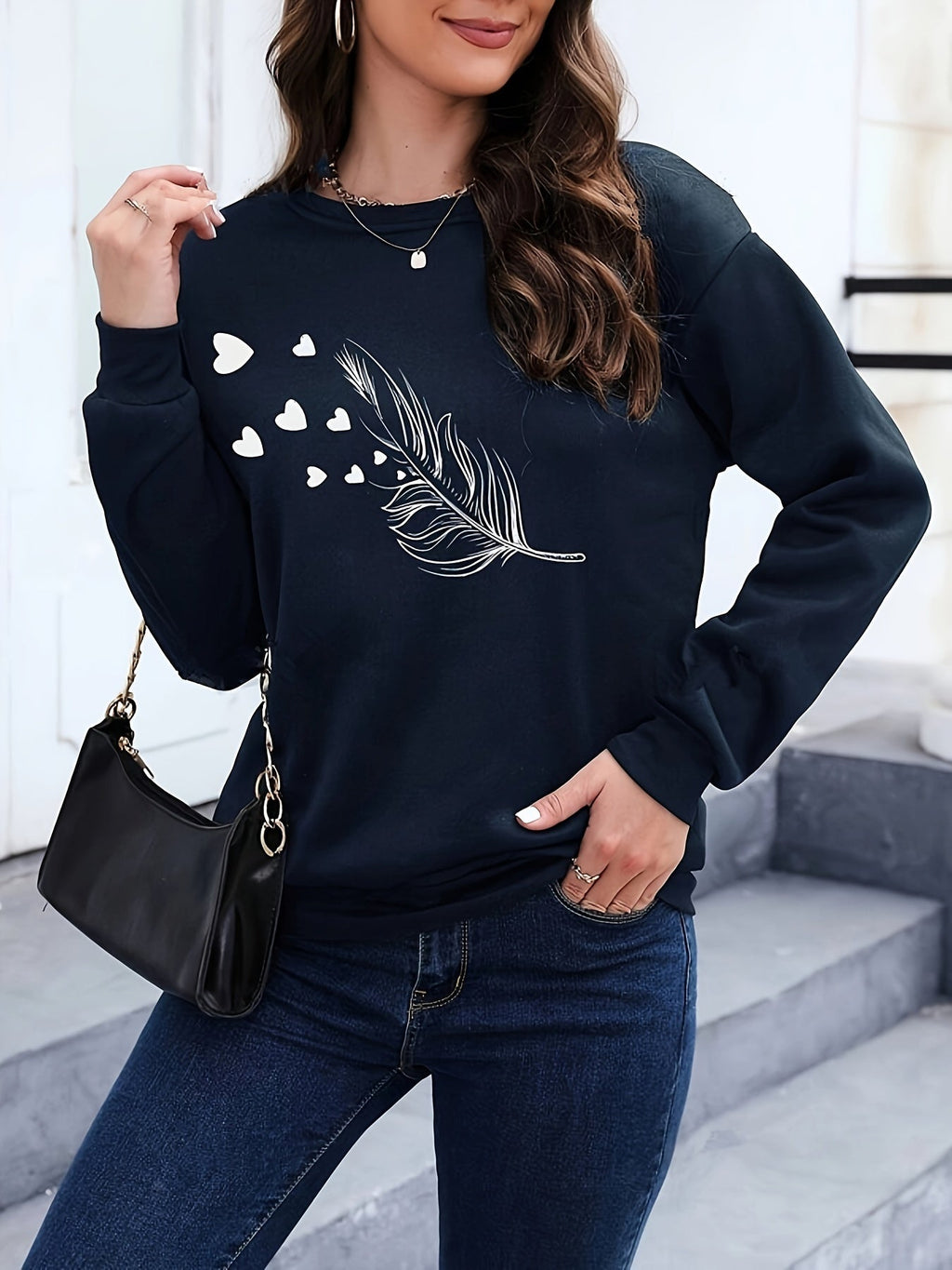 Casual sweatshirt met verenprint