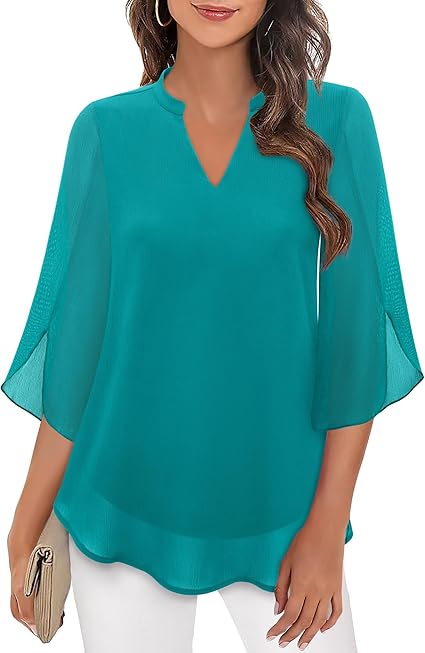 Roswitha | Losvallende chiffon blouse met V-hals en driekwartmouwen