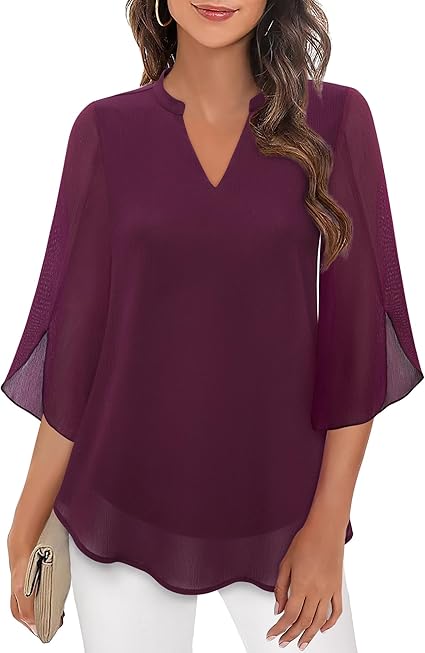 Roswitha | Losvallende chiffon blouse met V-hals en driekwartmouwen