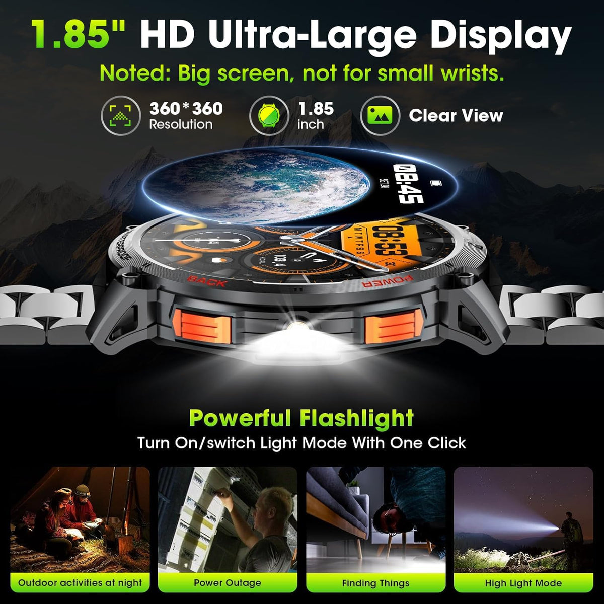 Herensmartwatch met 1,85-inch HD-scherm en fakkel