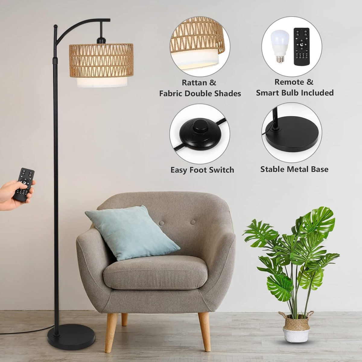 Boogvloerlamp met afstandsbediening & verwisselbare kappen