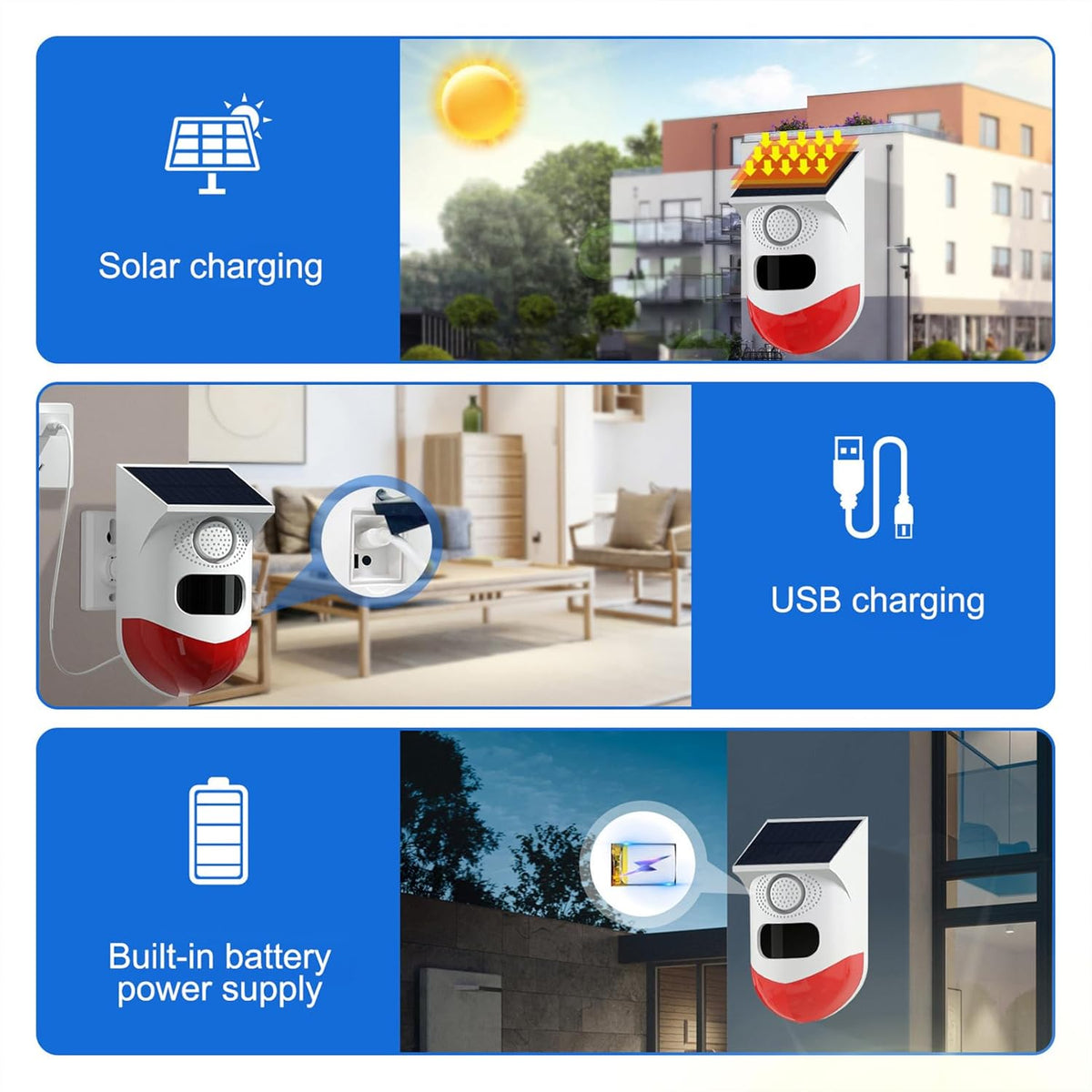 Zonne-energie bewegingssensoralarm met 120 db sirene en led-stroboscoop