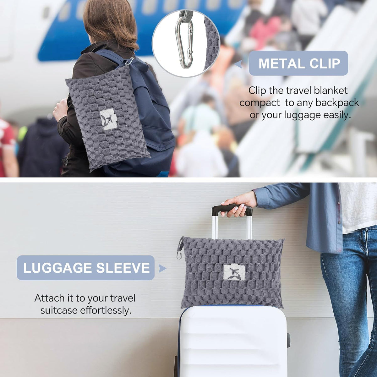 Opvouwbare flanellen reisdeken met kussenzak en bagage sleuf