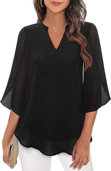 Roswitha | Losvallende chiffon blouse met V-hals en driekwartmouwen