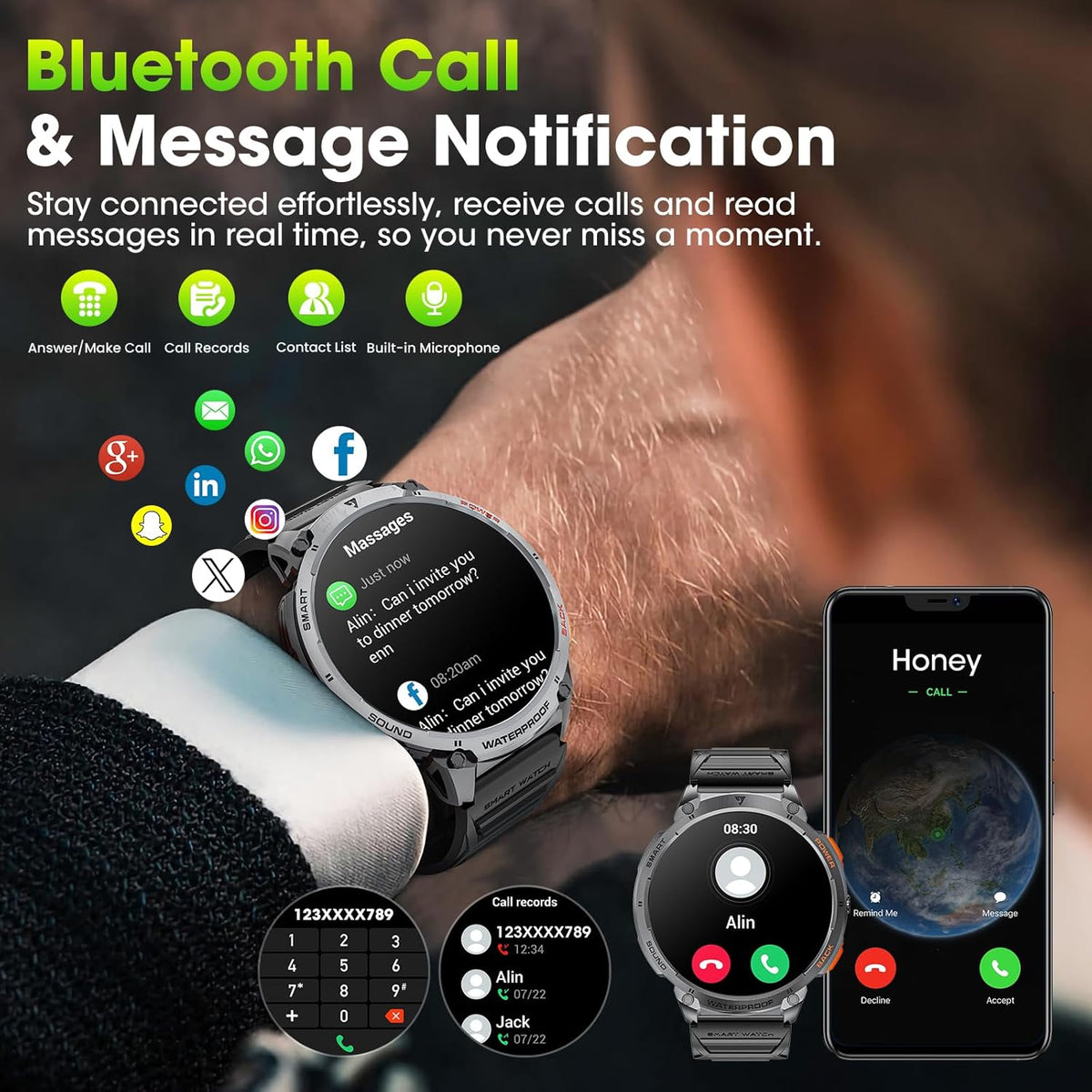 Herensmartwatch met 1,85-inch HD-scherm en fakkel