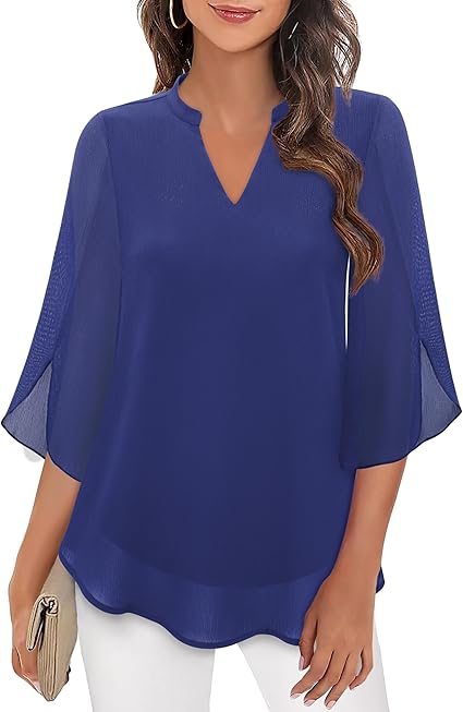 Roswitha | Losvallende chiffon blouse met V-hals en driekwartmouwen