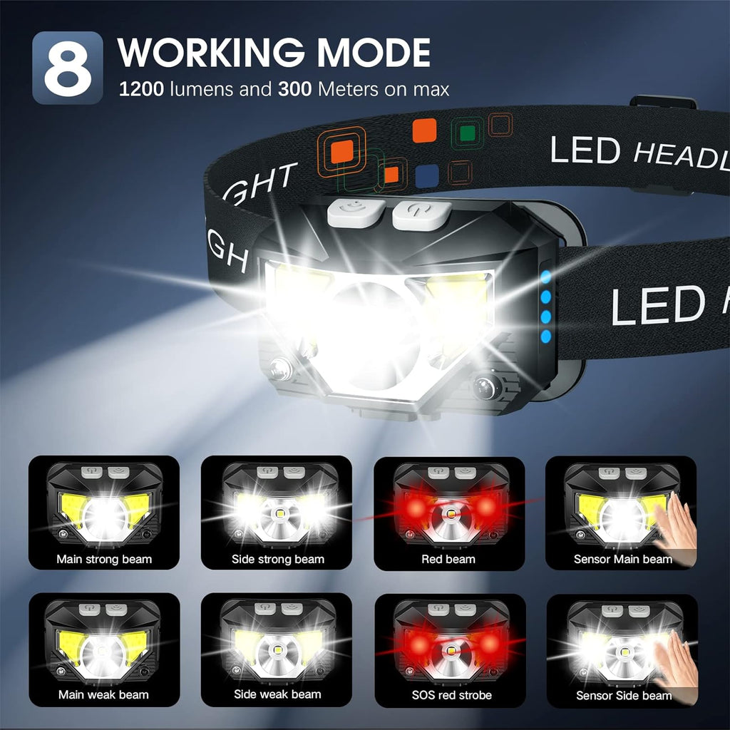 2-pack ultra-heldere oplaadbare LED hoofdlamp met beweegsensor