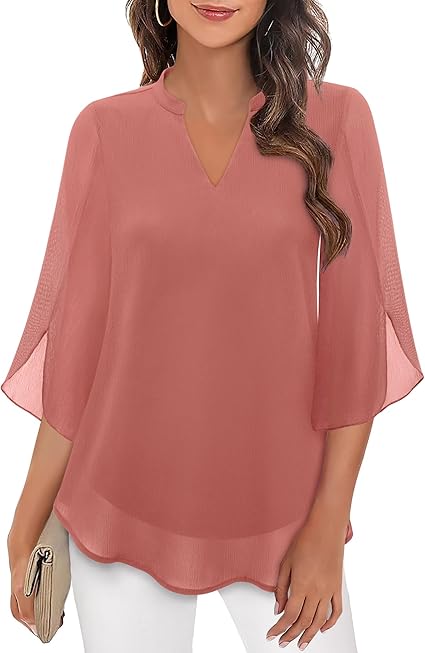 Roswitha | Losvallende chiffon blouse met V-hals en driekwartmouwen