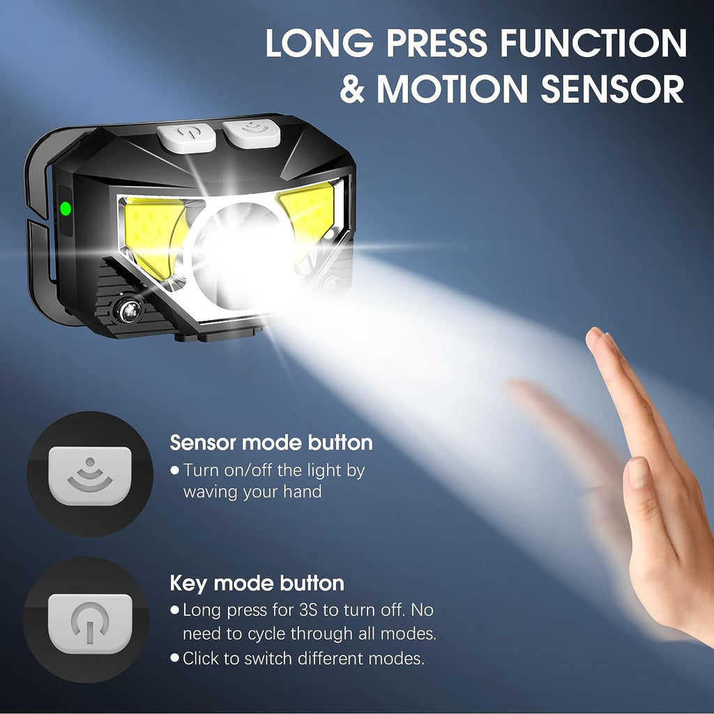 2-pack ultra-heldere oplaadbare LED hoofdlamp met beweegsensor