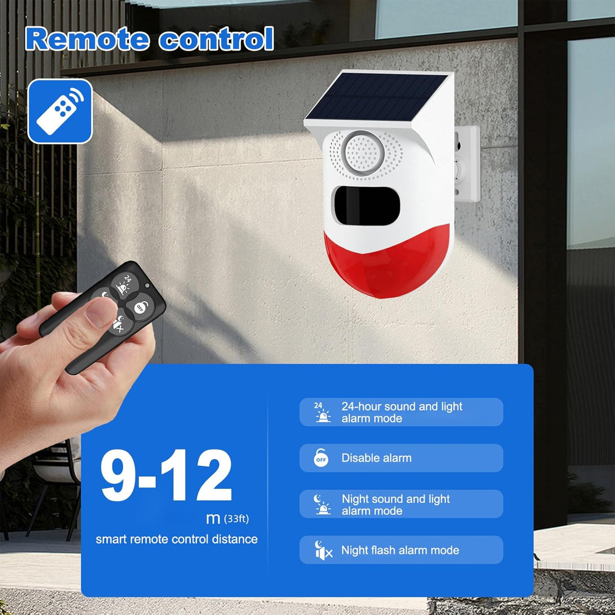 Zonne-energie bewegingssensoralarm met 120 db sirene en led-stroboscoop