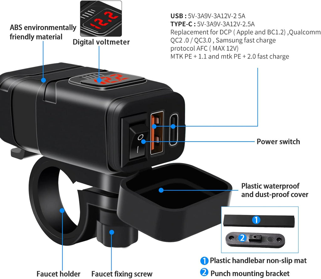 Motorfiets USB & type-c snellader met voltmeter