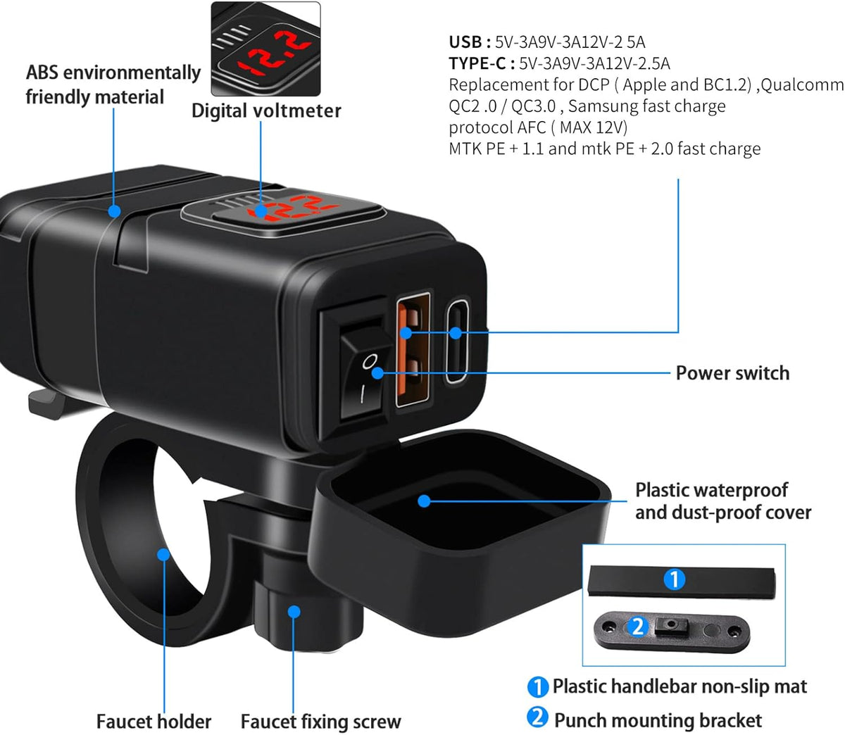 Motorfiets USB & type-c snellader met voltmeter