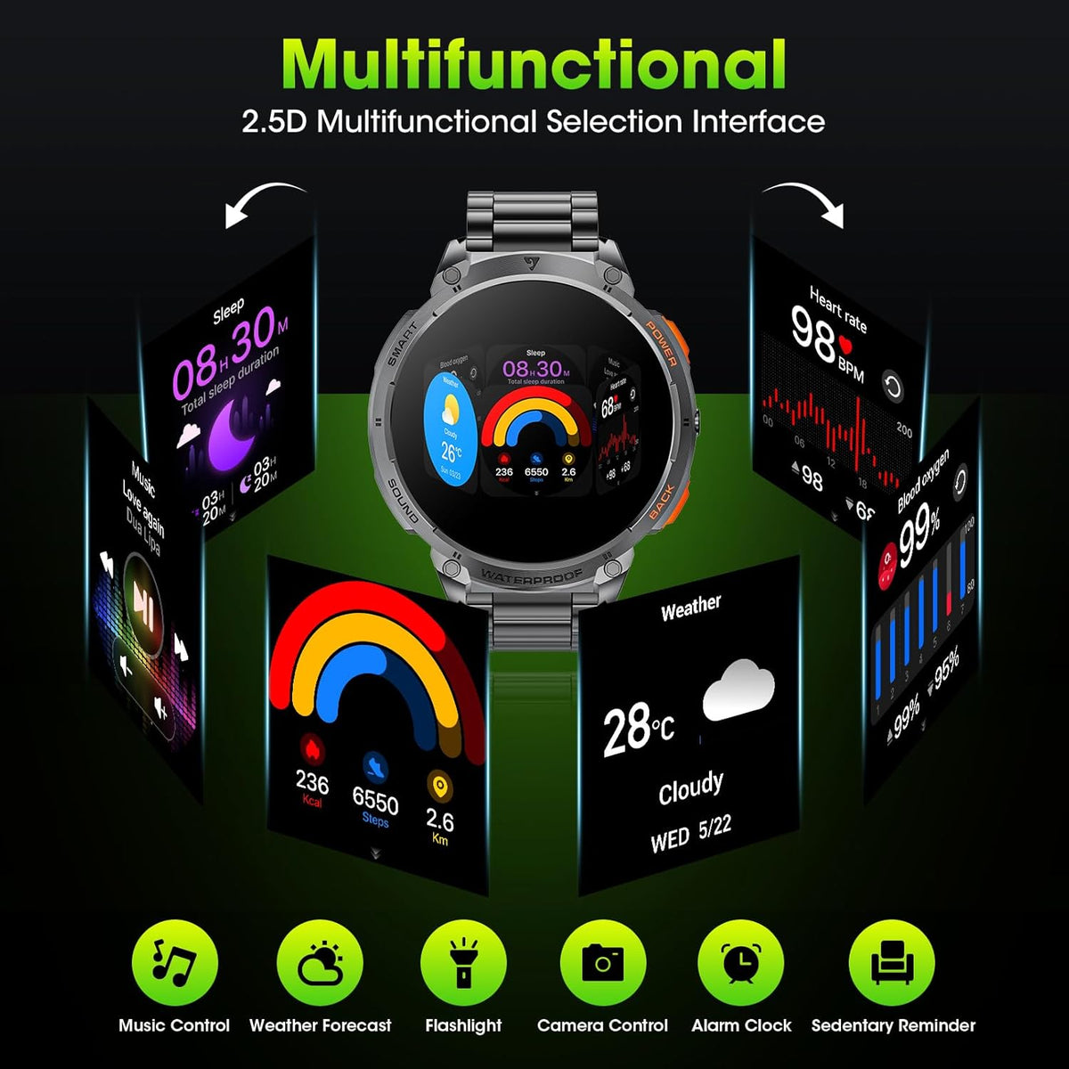 Herensmartwatch met 1,85-inch HD-scherm en fakkel