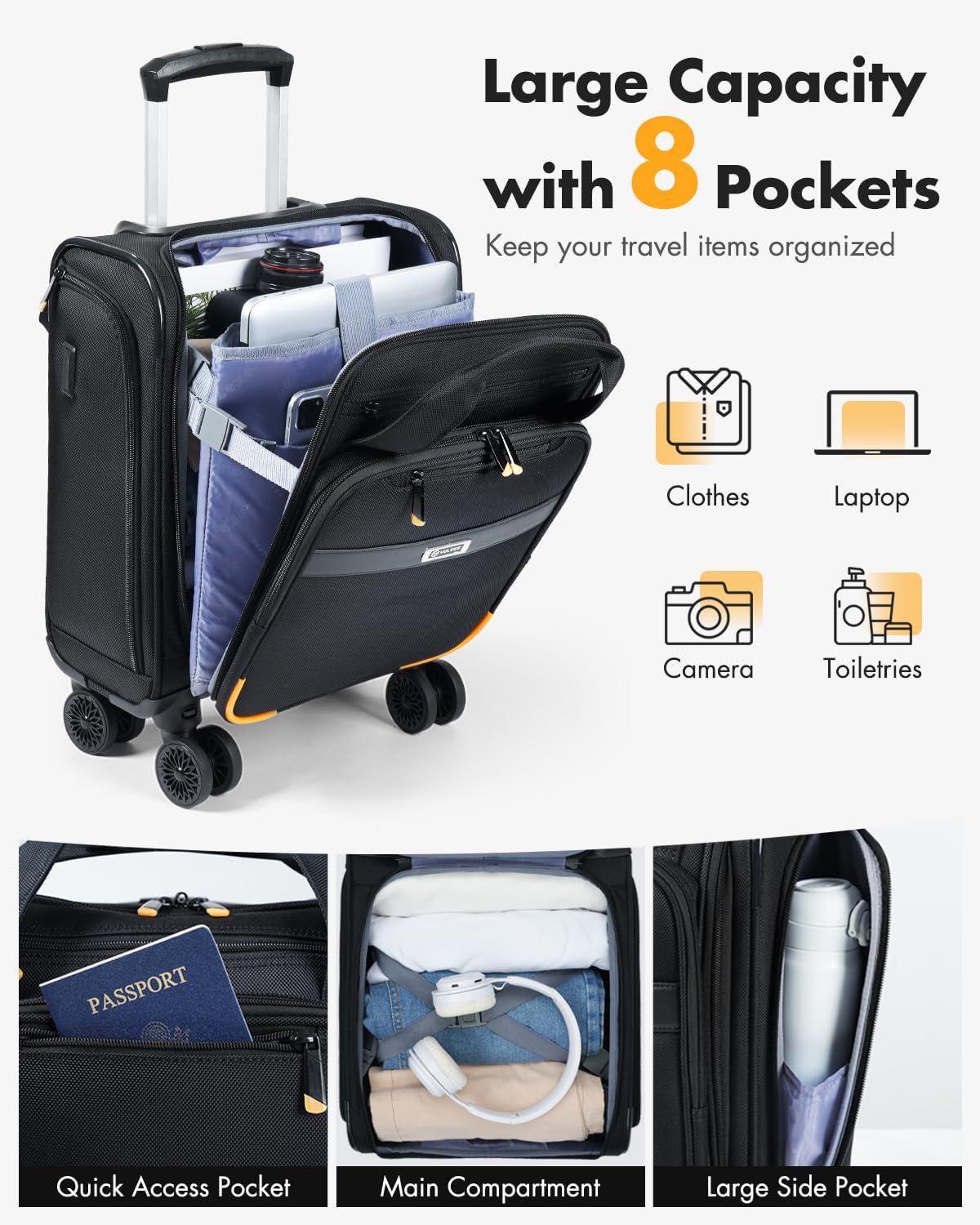 Luchthaven-Goedgekeurde handbagage trolley met spinnerwielen & laptopvak