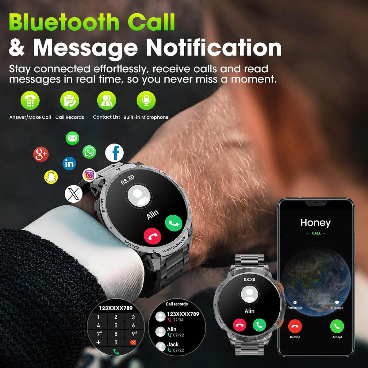Herensmartwatch met 1,85-inch HD-scherm en fakkel