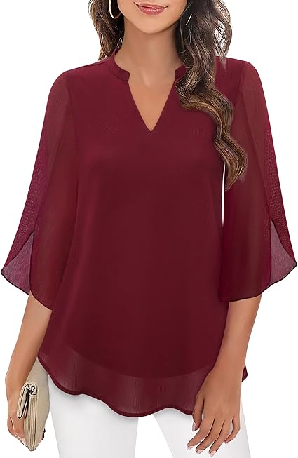 Roswitha | Losvallende chiffon blouse met V-hals en driekwartmouwen