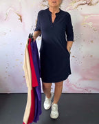 Dames midi jurk met V-hals en aanpasbare mouwen