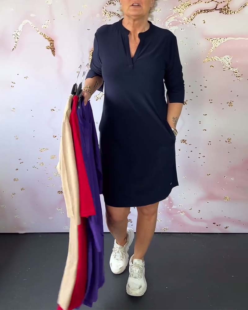 Dames midi jurk met V-hals en aanpasbare mouwen